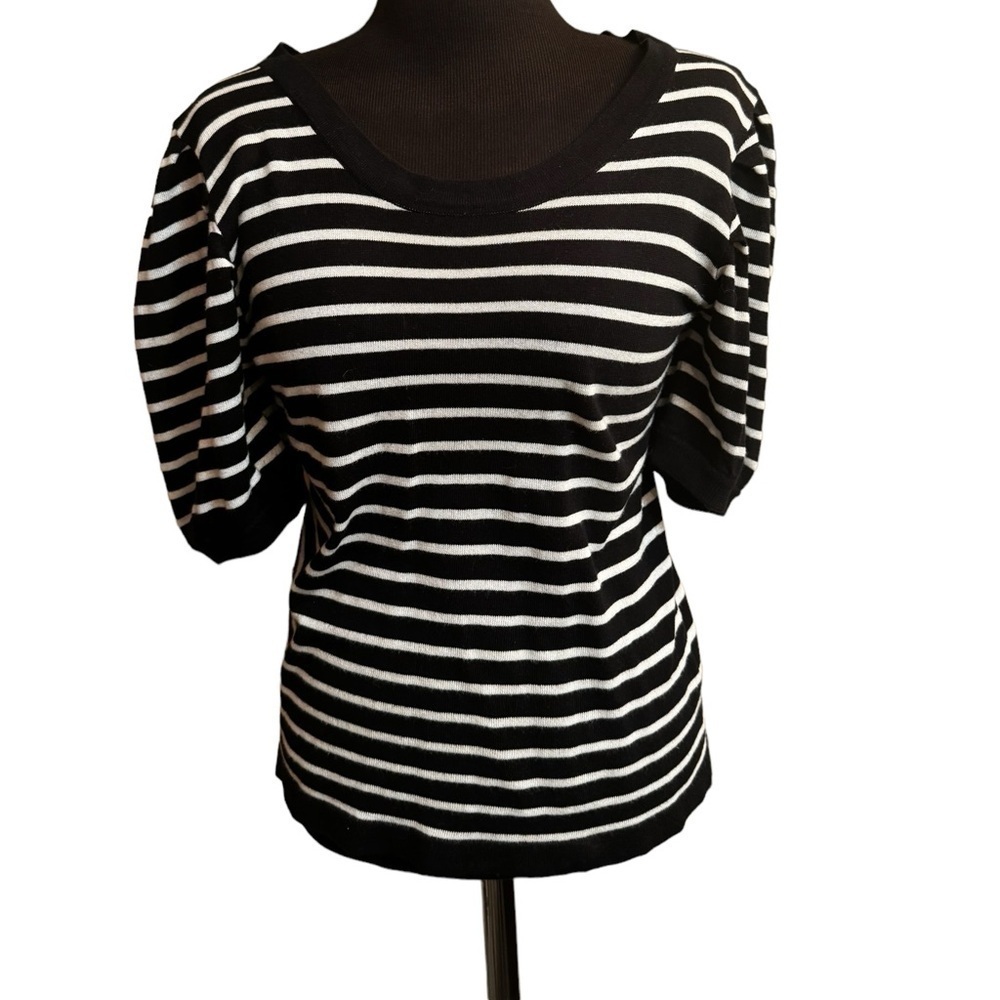 CURRENT AIR Classic Short Sleeve Sweater TOP IN BLACK WHITE STRIPE WOMEN EUC